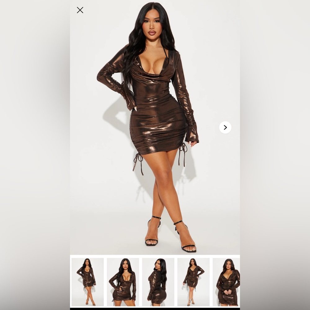 Fashion Nova Shimmering Brown Long Sleeve Dress